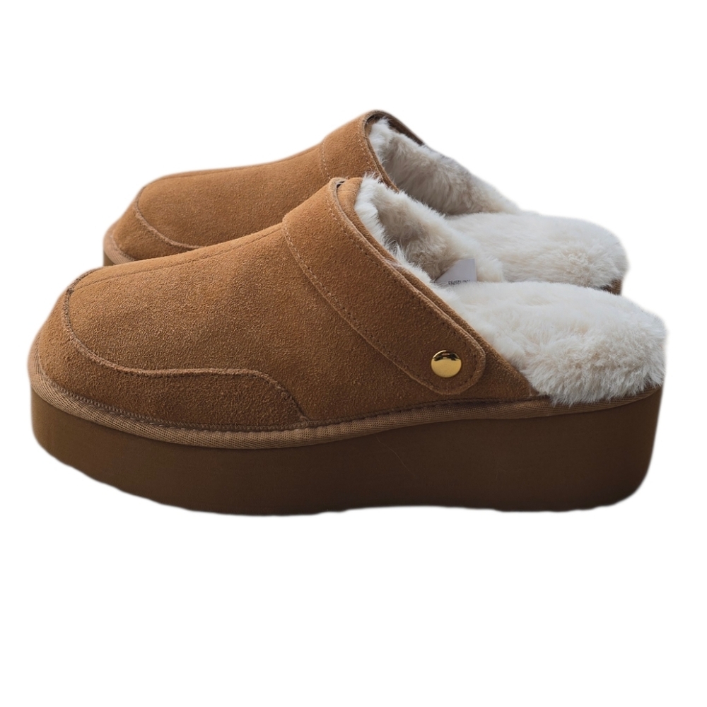 Suede Faux Fur Slip On Tan Platform Convertible Clogs Size 8 - Picture 3 of 6